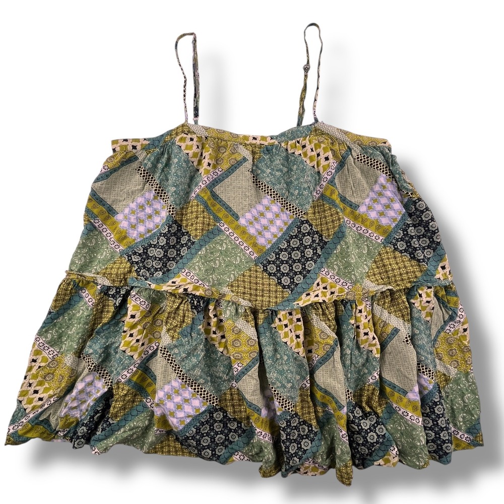 Natural Life Boho Patchwork Tiered Cami Tank Top Green Blue Mixed Print Medium